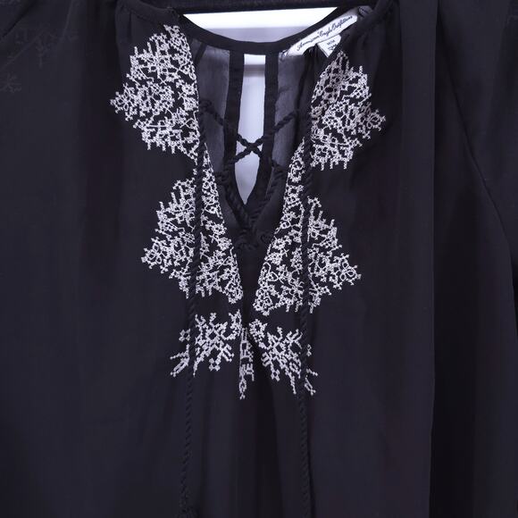 AEO American Eagle Boho Peasant 70s Black Sheer Embroidered Blouse Rope Tassel M - Picture 5 of 13